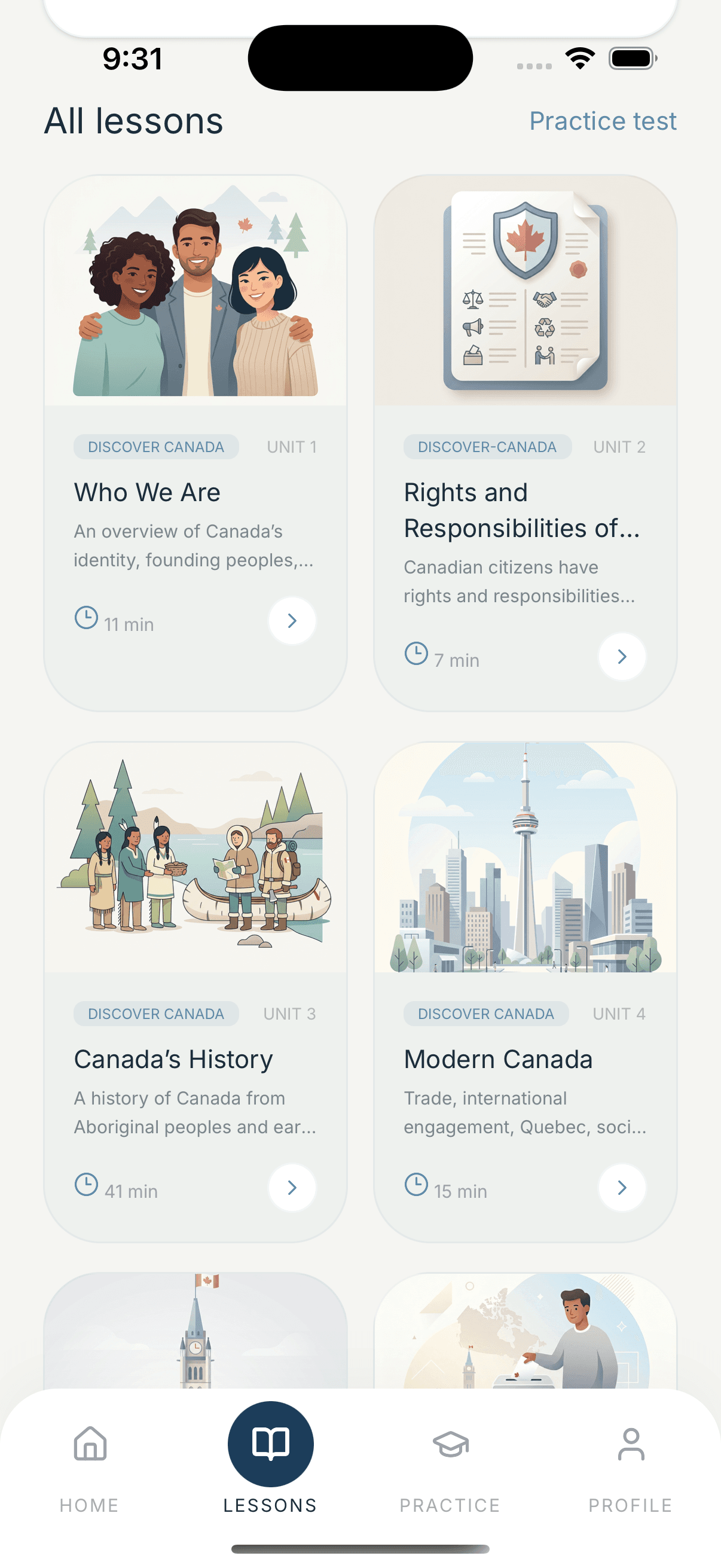 UI design of a mobile dashboard for citizenship preparation with progress circles and upcoming lesson cards in soft blues