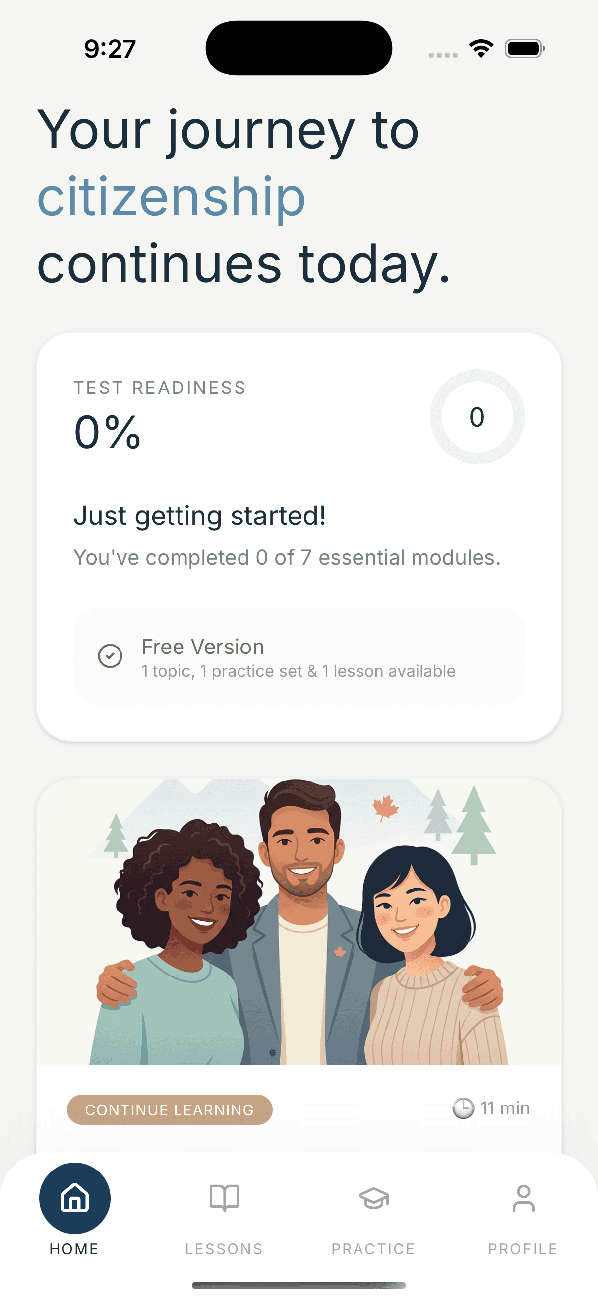 Pass Citizenship Test Canada app — home screen showing test readiness progress and continue learning button